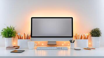 Modern workspace with a computer, stationery, plants, and warm lighting creating a cozy atmosphere photo
