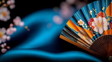 Ornate fan adorned with floral designs resting on a vibrant silk backdrop, creating a serene atmosphere photo