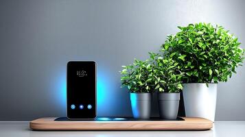 Modern smartphone charging on a sleek wooden dock beside vibrant potted plants in a minimalist setting photo