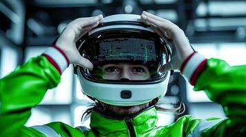 Person wearing a futuristic helmet in a tech-inspired environment, preparing for an immersive experience photo