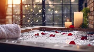 Serene spa scene with rose petals in water, candles glowing, and soft sunlight filtering through windows photo