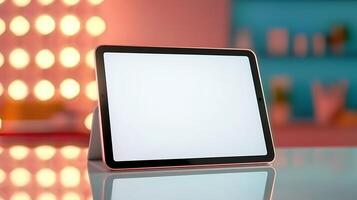 Modern tablet on a sleek table in a vibrant, softly lit room with decorative background elements photo