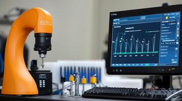 Robotic arm performing precision measurements in a modern laboratory setting with data display photo