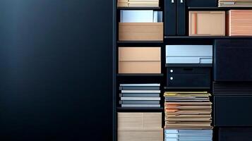 Organized office storage with various files, folders, and boxes on shelves against a dark background photo