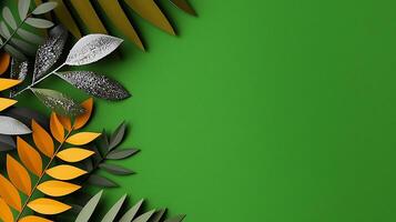 Vibrant green background with assorted paper leaves in various colors creating a natural decor photo