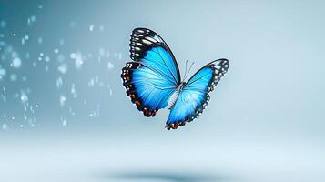 Vibrant blue butterfly gracefully flutters against a soft, blurred background filled with light photo