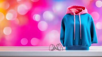 Vibrant blue and pink hoodie displayed on a table with colorful bokeh background photo