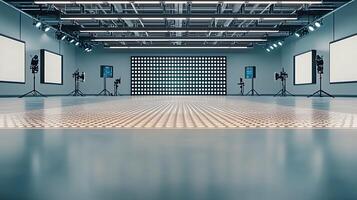 Spacious photography studio with bright lights and empty backdrop ready for a photoshoot photo