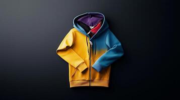 Vibrant hooded sweatshirt displayed on a dark background, showcasing its unique color gradient and design photo