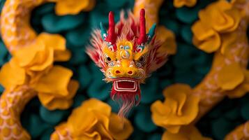 Vibrant dragon sculpture surrounded by colorful floral patterns in a decorative display photo
