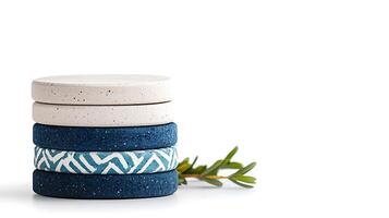 Stack of textured coasters in various colors with a green leaf, set against a clean white background photo