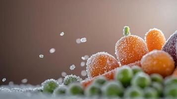 Vibrant assortment of frozen fruits and vegetables with ice crystals, capturing freshness photo