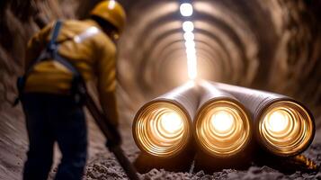 Worker in yellow helmet digging near illuminated pipes in a tunnel under construction photo