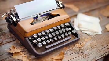 Vintage typewriter on a rustic wooden table surrounded by autumn leaves and scattered papers photo