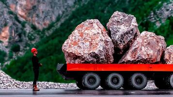 Worker observing large rocks being transported in a quarry surrounded by mountainous terrain photo