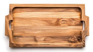 Wooden serving tray with natural grain patterns, isolated on a white background for culinary use photo
