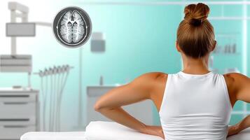 Woman in a medical facility observing a brain scan while seated on an examination table photo