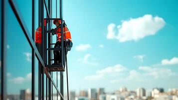 Worker on a lift cleaning windows of a skyscraper with a city skyline in the background photo