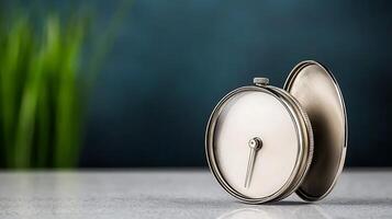 Vintage silver pocket watch on a marble surface with a blurred green plant background photo
