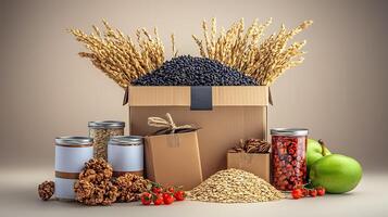 A beautifully arranged display of various grains, fruits, and preserved foods in a box setting photo