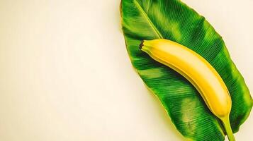 Vibrant yellow banana resting on a green tropical leaf against a soft neutral background photo