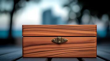 Wooden box resting on a table with a blurred city skyline in the background during sunset photo