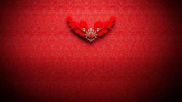 Vibrant red background with ornate patterns and a striking feathered emblem at the center photo