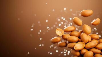 A dynamic arrangement of scattered nuts on a smooth brown background with sparkling effects photo
