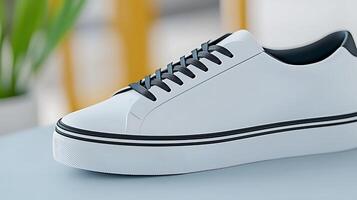 A close-up view of a stylish white sneaker on a table with a blurred background of indoor plants photo