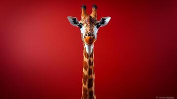 A close-up portrait of a giraffe against a vibrant red background, showcasing its unique features photo