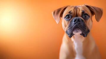 A close-up of a curious dog with a warm orange background, showcasing its expressive features photo