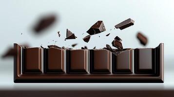 A dynamic shot of a chocolate bar breaking apart, with flying pieces against a soft background photo