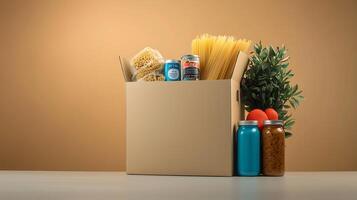 A cardboard box filled with pasta, canned goods, and jars, set against a warm background photo