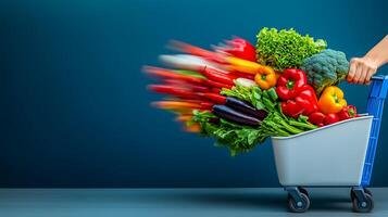 A dynamic shot of a hand pushing a shopping cart filled with vibrant vegetables against a blue backdrop photo