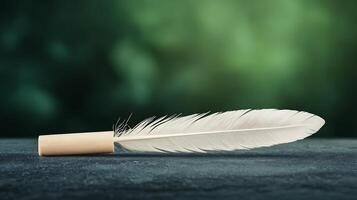 A close-up of a pristine white feather resting on a dark surface with a blurred green background photo
