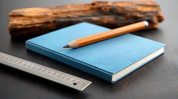 A blue notebook with a pencil and ruler on a wooden table, showcasing a creative workspace setup photo