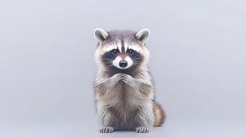 A cute raccoon sitting upright with paws clasped, against a soft gray background, showcasing its playful nature photo