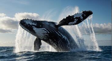 A humpback whale is jumping out of the water photo