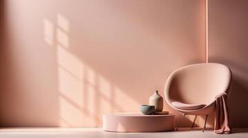 A pink chair and a vase on a table in front of a wall photo