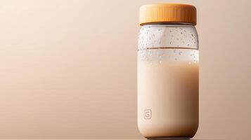 A stylish transparent bottle filled with a creamy beverage, set against a soft beige background photo