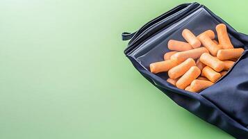 A stylish black bag filled with orange snacks against a vibrant green background photo