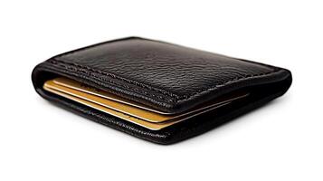 A sleek black leather wallet with cards partially visible, set against a clean white background photo