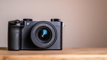 A sleek black camera with a lens sits on a wooden surface, showcasing modern design and functionality photo