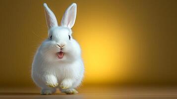 A playful white rabbit hopping joyfully against a warm yellow background, showcasing its lively nature photo