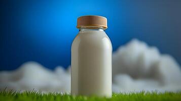 A glass bottle of milk sits on green grass with a serene blue sky and fluffy clouds in the background photo