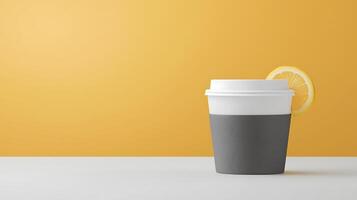 A stylish takeout cup with a lemon slice, set against a vibrant yellow background, creating a fresh vibe photo