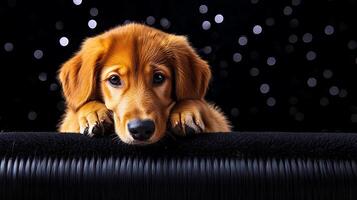 A golden retriever puppy resting its head on a black surface with a sparkling background photo