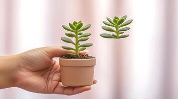 A hand holding a small succulent plant in a pot with a soft background and natural light photo