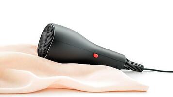 A sleek black hairdryer resting on a soft pink fabric, emphasizing modern design and functionality photo