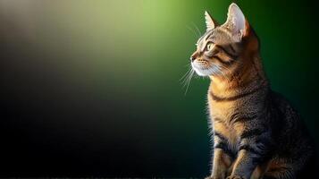 A serene tabby cat gazing thoughtfully into the distance against a soft gradient background photo